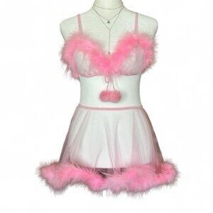 Dolls kill Sugar Thrillz Pink Feathered mesh Lingerie Set